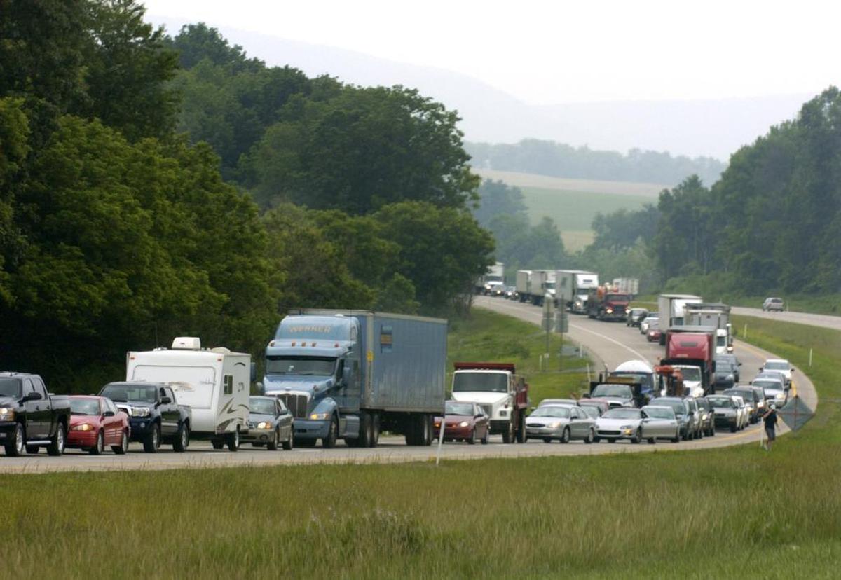 Traffic backed up on I-99 near the I-99/I-80 interchange due to a vehicle crash in June 2009.