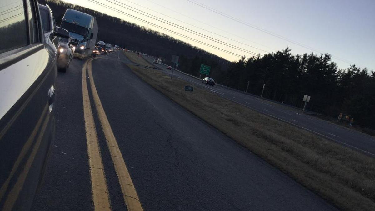 Traffic is backed up on U.S. Route 322 North heading toward State College in Potters Mills on Thursday.