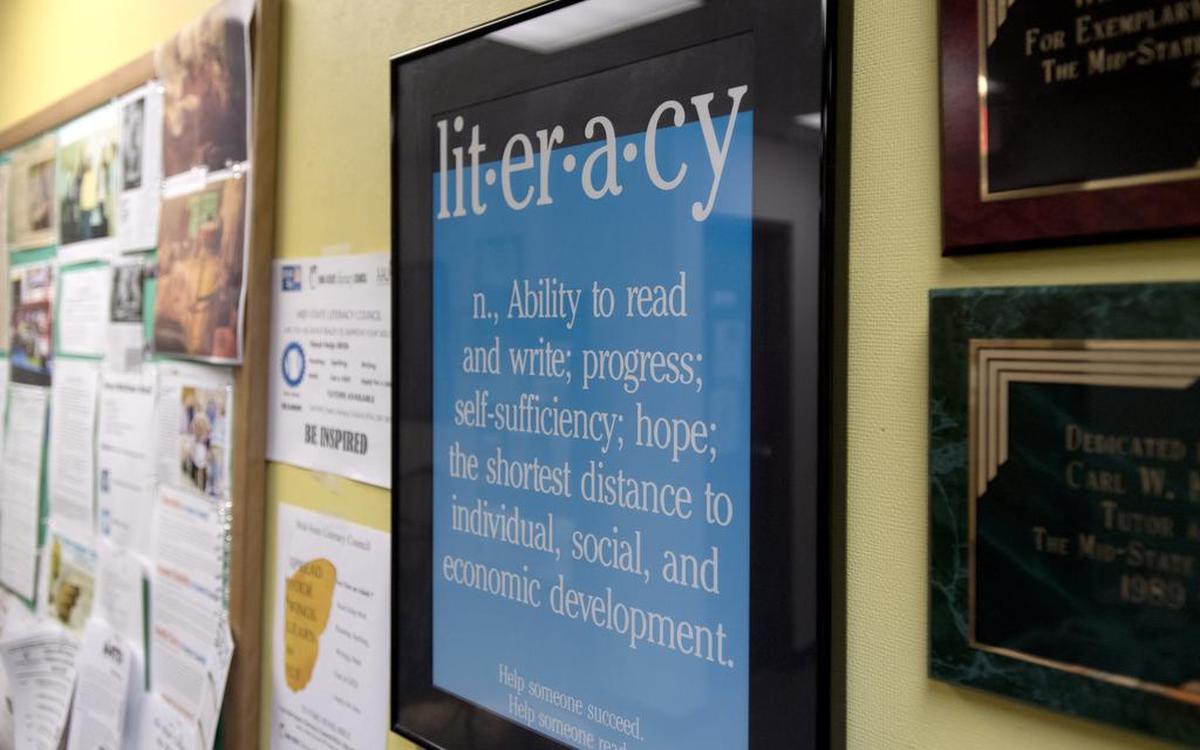 Signs are pictured in the Mid-State Literacy Council’s downtown State College office.