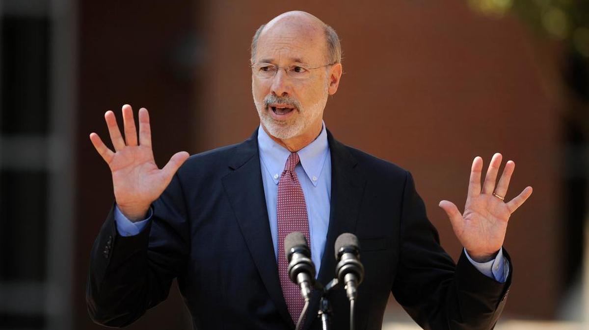 Gov. Tom Wolf speaks in front of Bellefonte Area High School. Pa. Gov. Tom Wolf visited Bellefonte Area High School in Bellefonte, Pa., Monday, July 13, 2015 to talk about the Pa. budget.