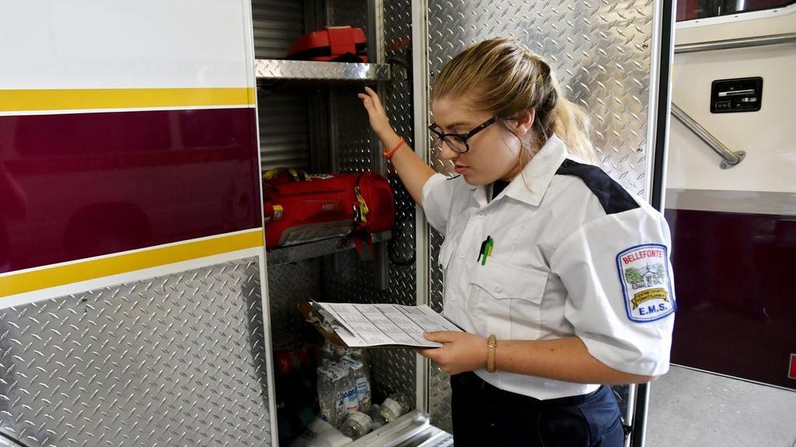 Bellefonte EMT Jess Deem goes through the ambulance checklist to prepare for any calls that might come through at the station on Thursday.