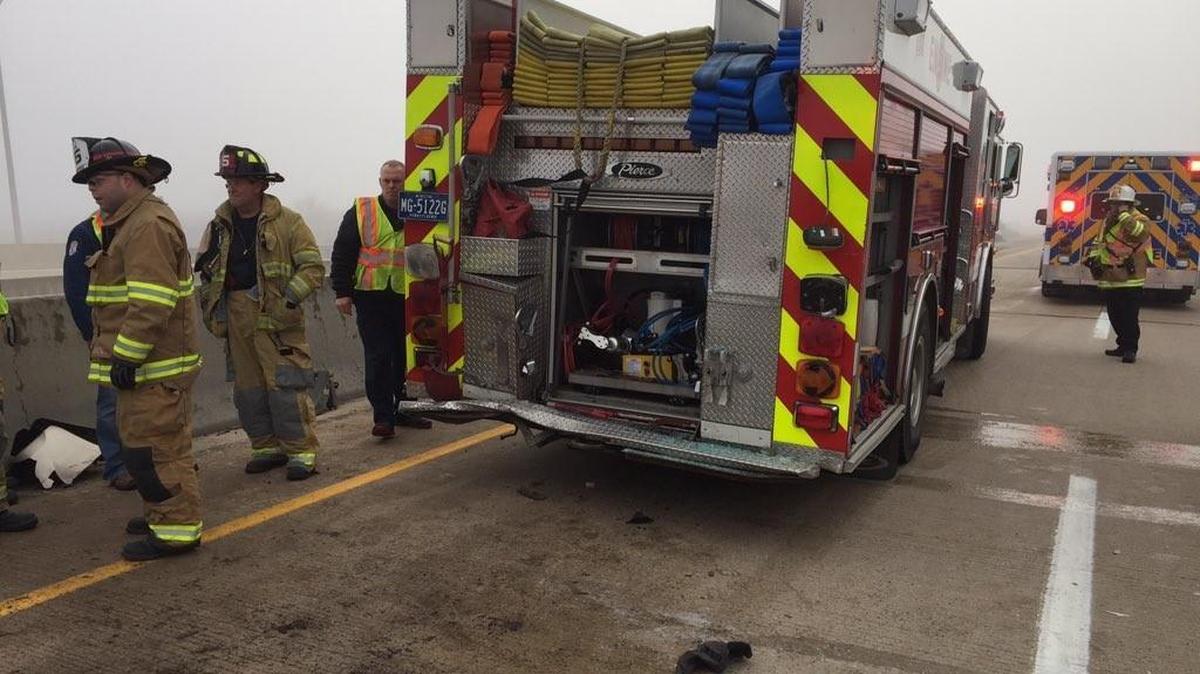 This image from Alpha Fire Company’s Twitter page shows damage to the rear of Engine 514 after an accident on Interstate 99 on Sunday.