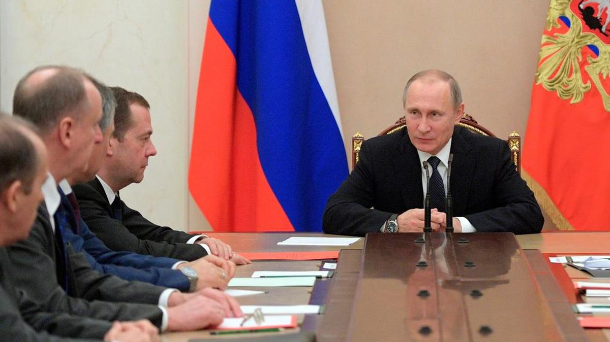 Russian President Vladimir Putin chairs a Security Council meeting Tuesday at the Kremlin in Moscow.