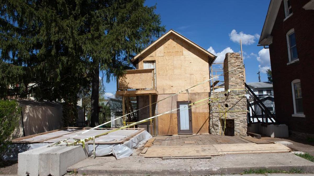 The future site of The Crooked House at Homecoming Park, taken earlier this year and showing the restored original stone fireplace. The 1857 house that came to be known as The Crooked House stood on the site.