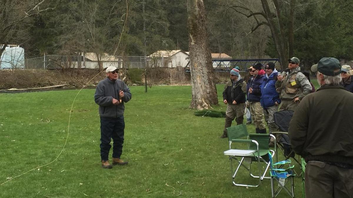 Joe Humphreys demonstrates casting at the Veterans Service Partnership group’s April 10 outing.