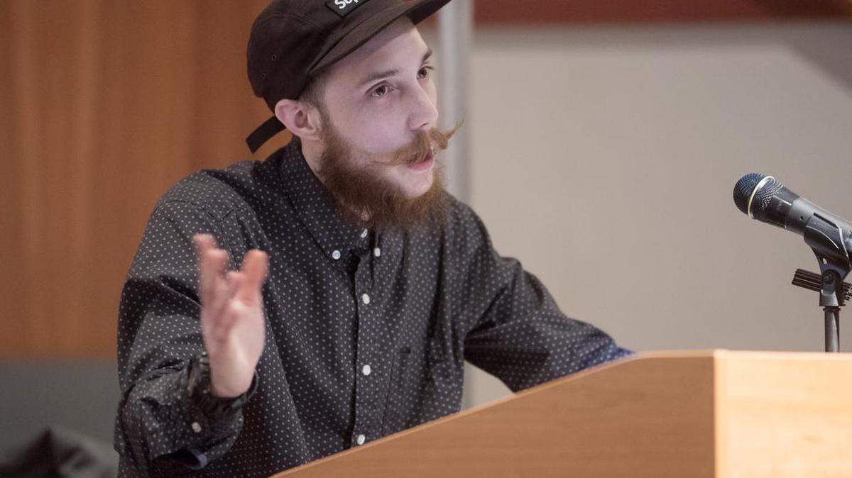 Recovering addict Dylan shares his story during the Centre County HOPE Initiative second town hall meeting on Tuesday at Mount Nittany Middle School.