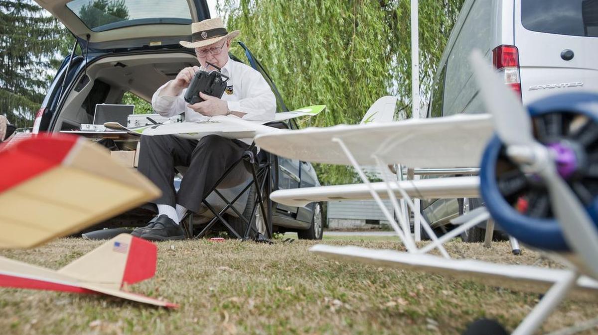 Albert Niessnar, 84, of State College, repairs the receiver on his Calypso glider. Niessnar is one of the oldest living members of the club, joining in 1960 after returning to State College after his graduation from the Massachusetts Institute of Technology in 1959.