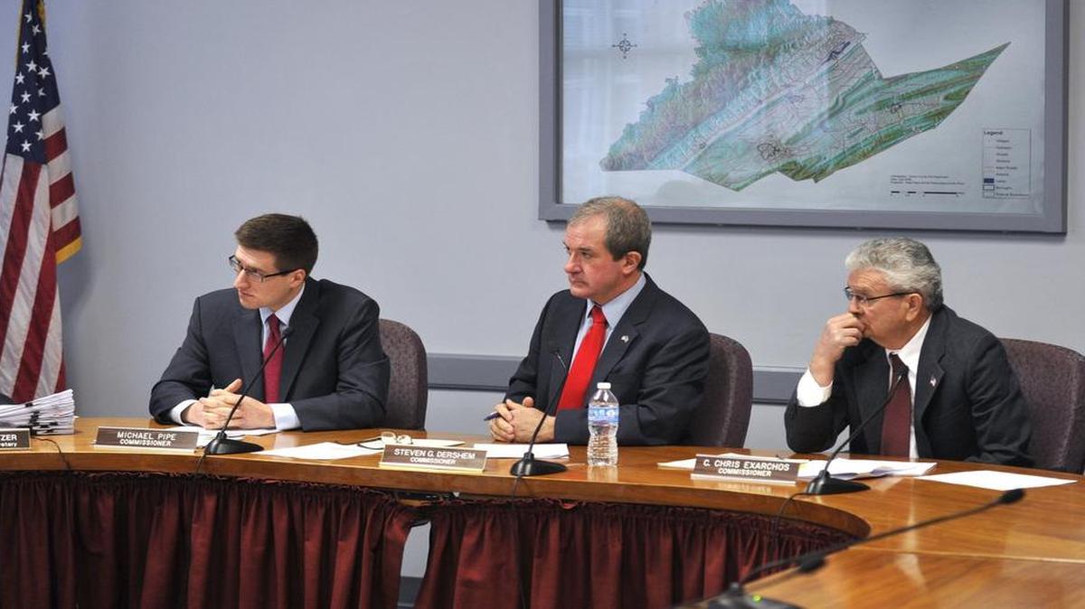 Centre County Commissioners Michael Pipe, Steve Dershem and Chris Exarchos at a meeting in January.