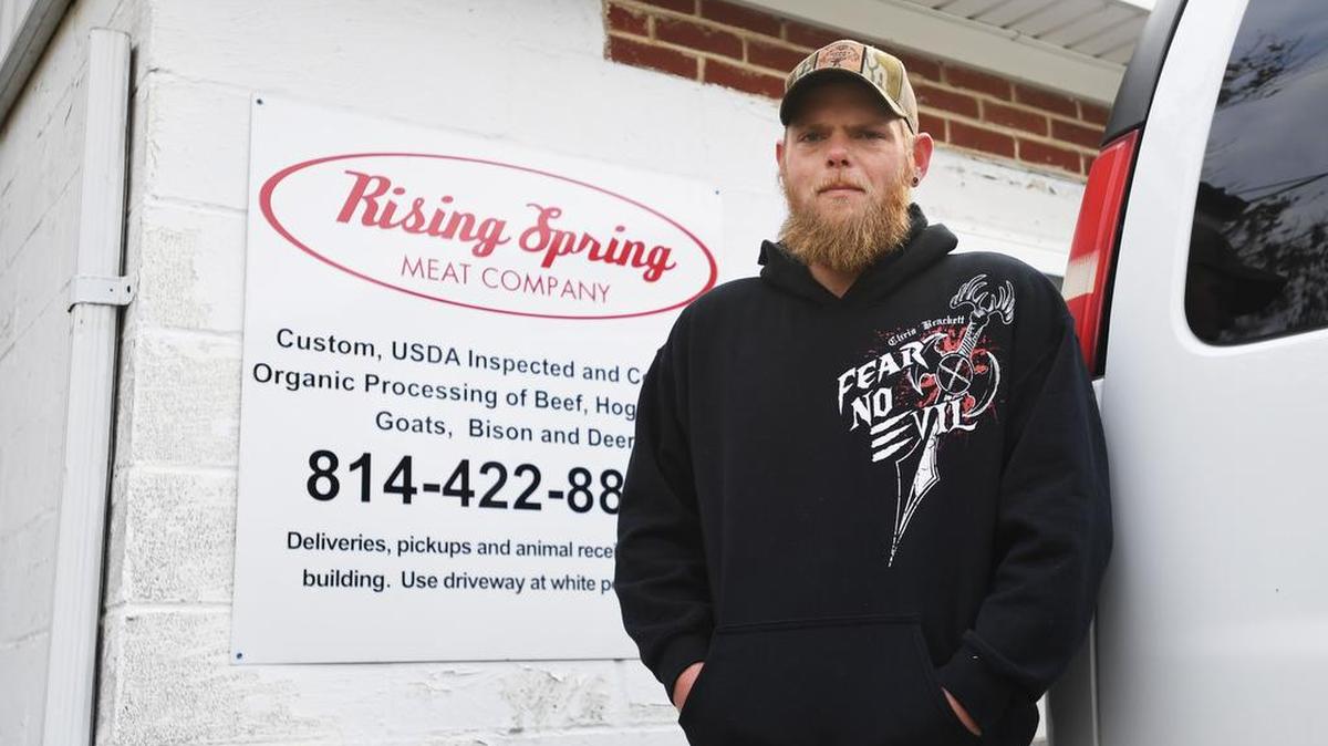 Eric Kratzer stands for a portrait at Rising Spring Meat Company Thursday in Spring Mills. Kratzer processes donated deer, which are dropped off at Rising Spring, at his shop in Winfield.