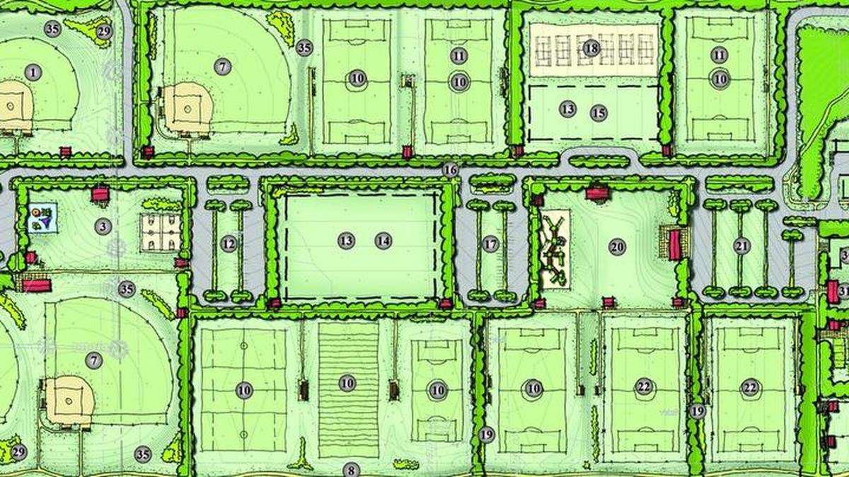 This Whitehall Road Regional Park master plan from 2013 gives an idea of what the new park might look like.