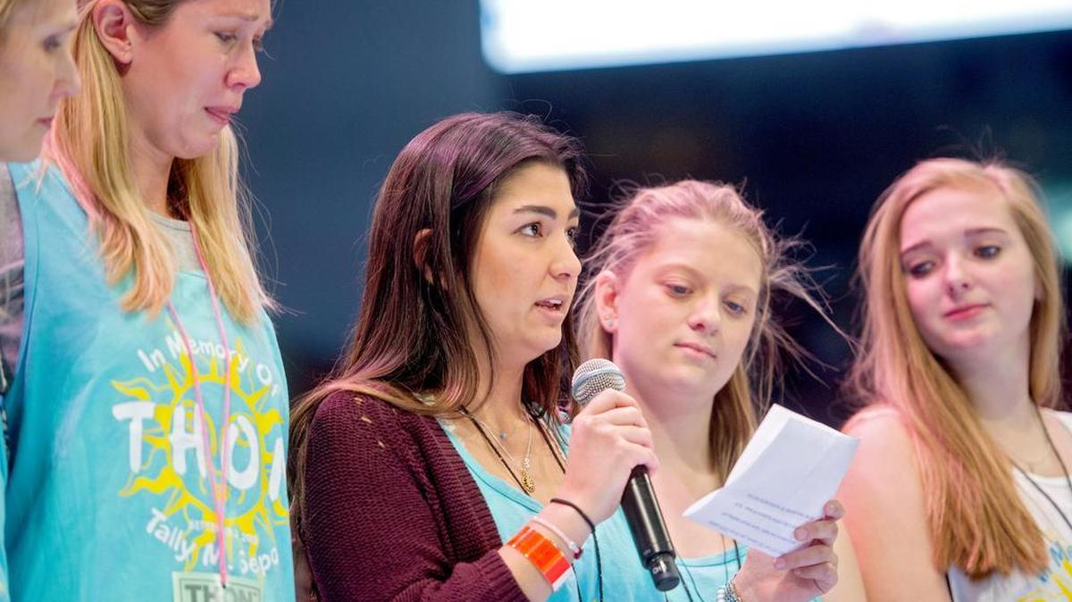 Tally Sepot’s sorority sister Brooke Chung speaks about her during the Penn State IFC/Panhellenic Dance Marathon. The Tally Sepot Memorial Award has been established by Sepot’s family, which will be given each year to “a student who demonstrates outstanding service to Penn State and Thon,” according to a release frome Penn State.