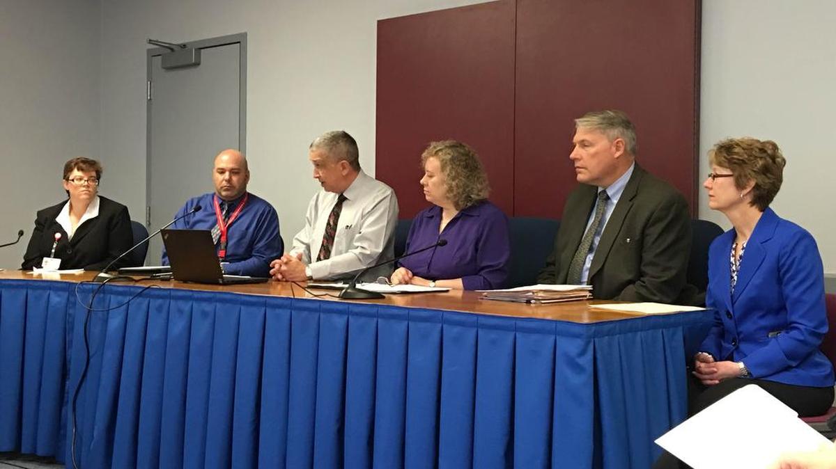 Mount Nittany Health community outreach coordinator Jeannine Lozier, Mount Nittany Medical Center ALS Manager Rich Kelley, Centre County criminal justice planning Director Gene Lauri, Centre County drug and alcohol Administrator Cathy Arbogast, 1st Assistant District Attorney Mark Smith and Ferguson Township police Chief Diane Conrad appear before the Centre County Board of Commissioners on Tuesday to discuss the Centre County Coalition Against Overdoses.