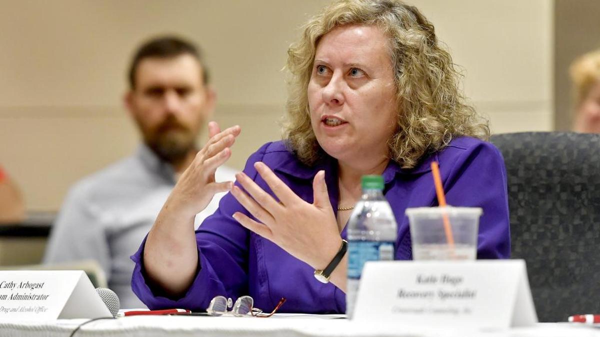 Assistant administrator for Centre County Drug and Alcohol Cathy Arbogast talks during a town hall on heroin and opioid addiction in July. Arbogast said there have been five opioid overdose deaths in Centre County so far this year.