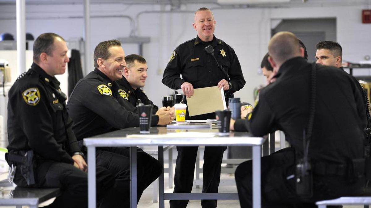 Bryan Sampsel holds a staff meeting before beginning the day at the sheriff’s office. Bryan Sampsel is settling into his new position as Centre County sheriff after a long campaign and election process February 12, 2016.