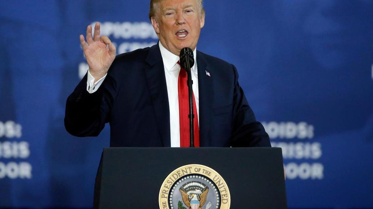 President Donald Trump speaks about his plan to combat opioid drug addiction at Manchester Community College, Monday, March 19, 2018, in Manchester, N.H. (AP Photo/Elise Amendola)