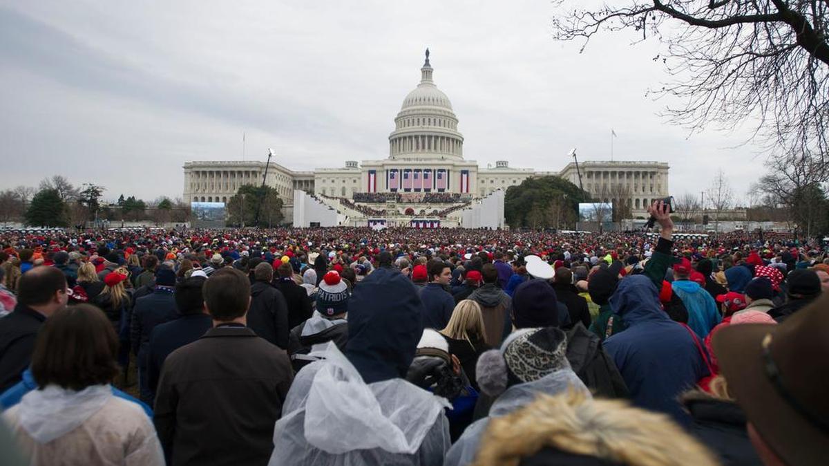 Spectators await President Donald Trump during the 58th Presidential Inauguration on Friday at the Capitol in Washington, D.C.