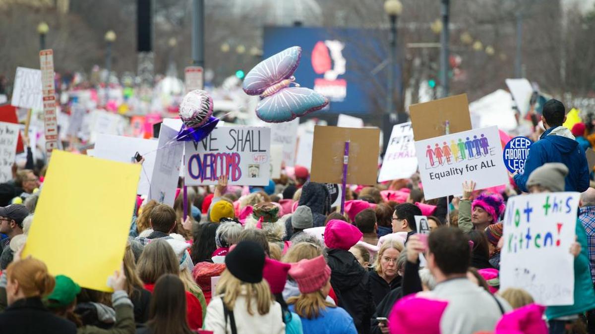 Marchers line up during the Women’s March on Washington Saturday, Jan 21, 2017.