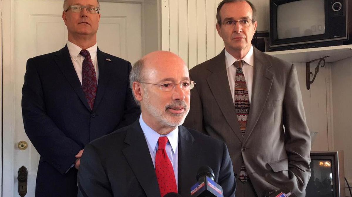 Gov. Tom Wolf, joined by Centre County Commissioner Mark Higgins and state Rep. Mike Hanna, D-Lock Haven, visited Bellefonte, Pa., Tuesday, March 29, 2016.