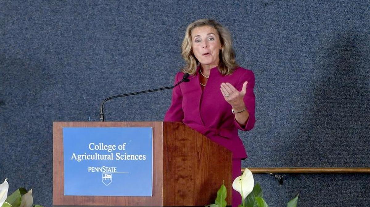 Candidate for the U.S. Senate Katie McGinty speaks during the luncheon at Ag Progress Days on Wednesday.