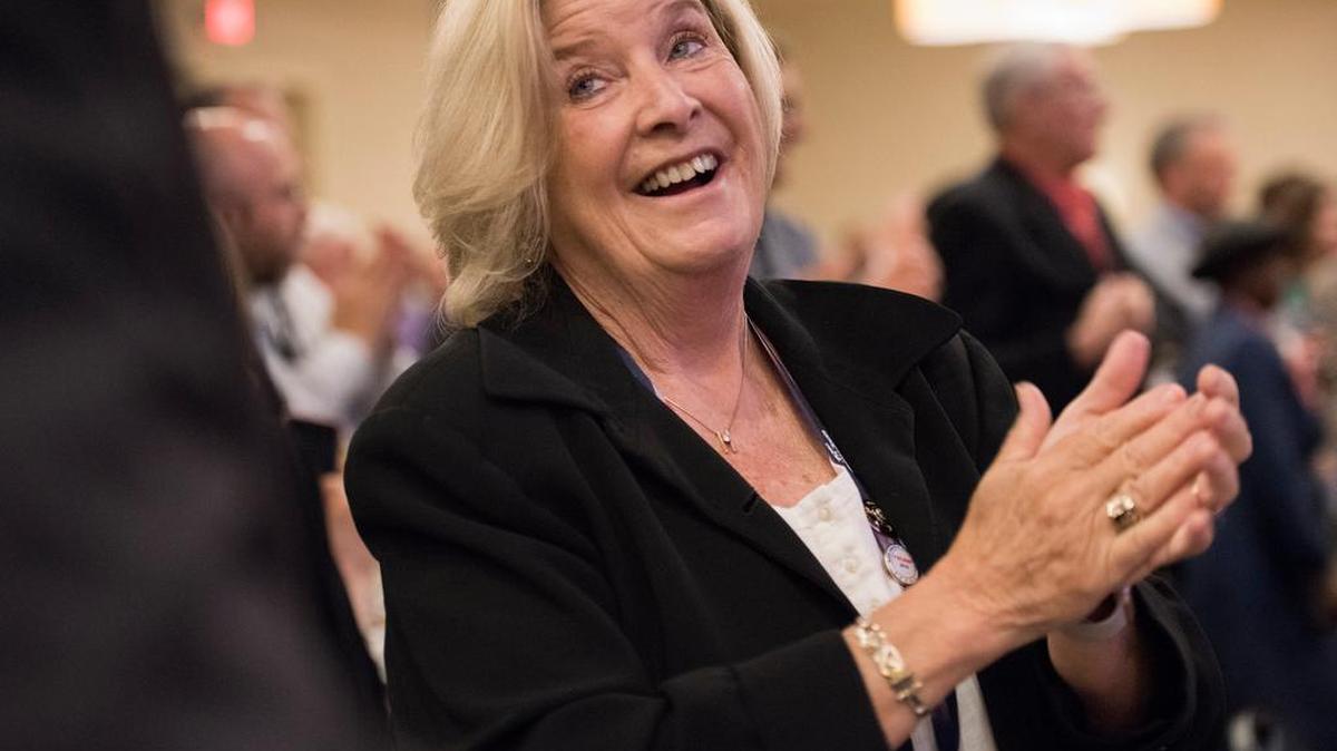 Joyce Haas, vice chairman of the Republican Party of Pennsylvania and a delegate, applauds as Speaker of the House Paul Ryan addresses Pennsylvania’s Republican delegation in Cleveland on Monday.