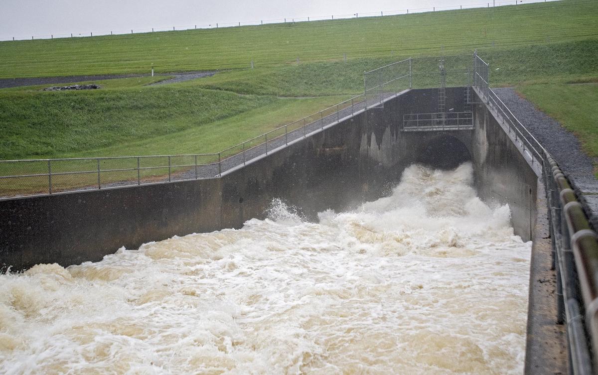 A few thousands cubic feet per second of water rushes into the stilling basin at Foster Joseph Sayers Dam on Monday, Sept. 17, 2018.