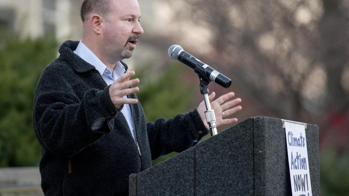 Penn State professor Dr. Michael Mann speaks during the Onward on Climate rally outside of Old Main in 2015.
