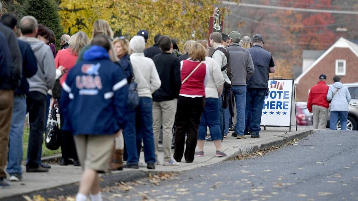 Harris Township voters line up outside of Zion Lutheran Church to vote on Nov. 8, 2016.