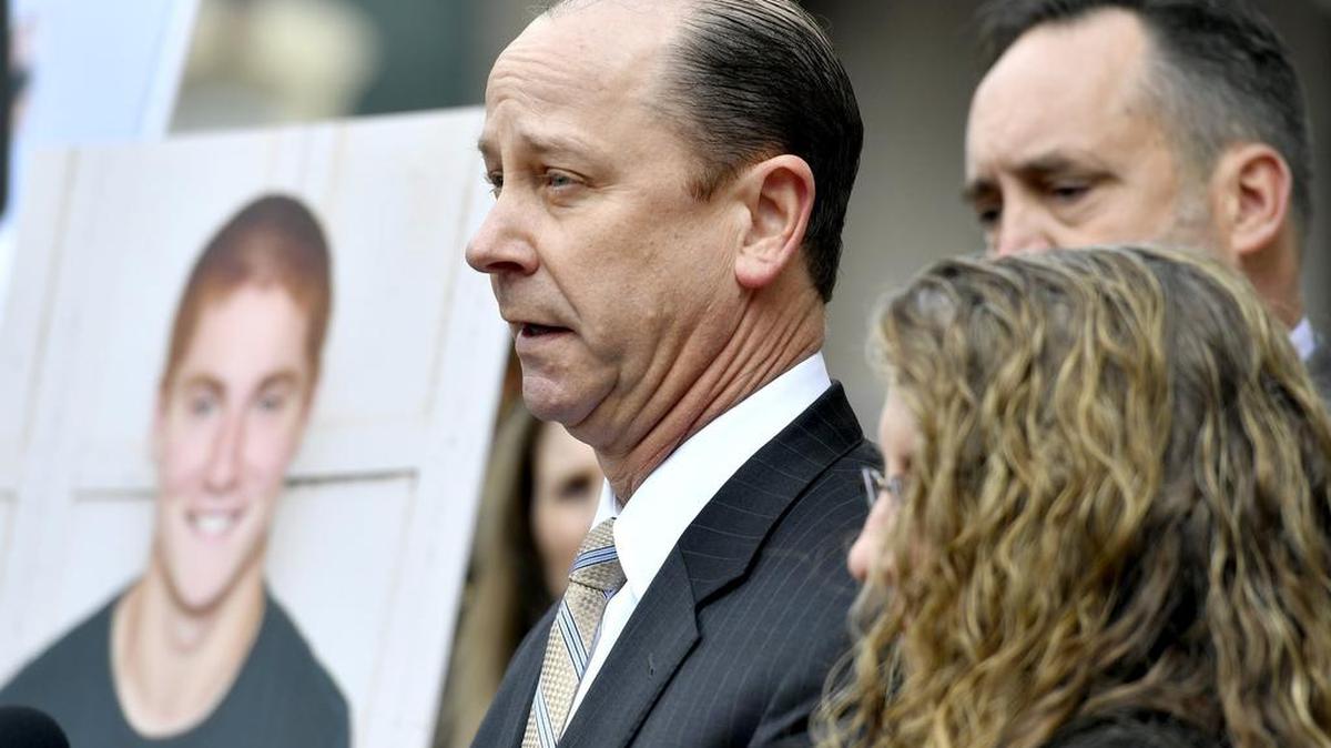 Jim Piazza speaks about the importance of passing the anti-hazing legislation named after his son, Timothy Piazza outside of the Centre County Courthouse in March.