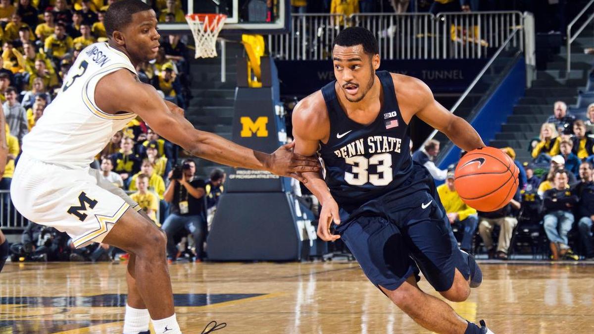 Michigan guard Xavier Simpson (3) defends Penn State guard Shep Garner (33) in a game at Crisler Center in Ann Arbor, Mich. on Wednesday. Penn State plays against Michigan State on Saturday.