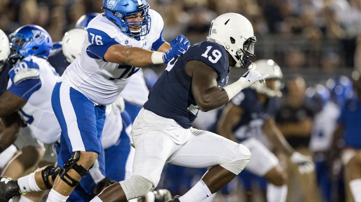 Penn State defensive end Torrence Brown cuts around Georgia State defensive lineman Justin Lamphear during the game on Saturday, September 16, 2017. Brown was hurt during the first quarter.