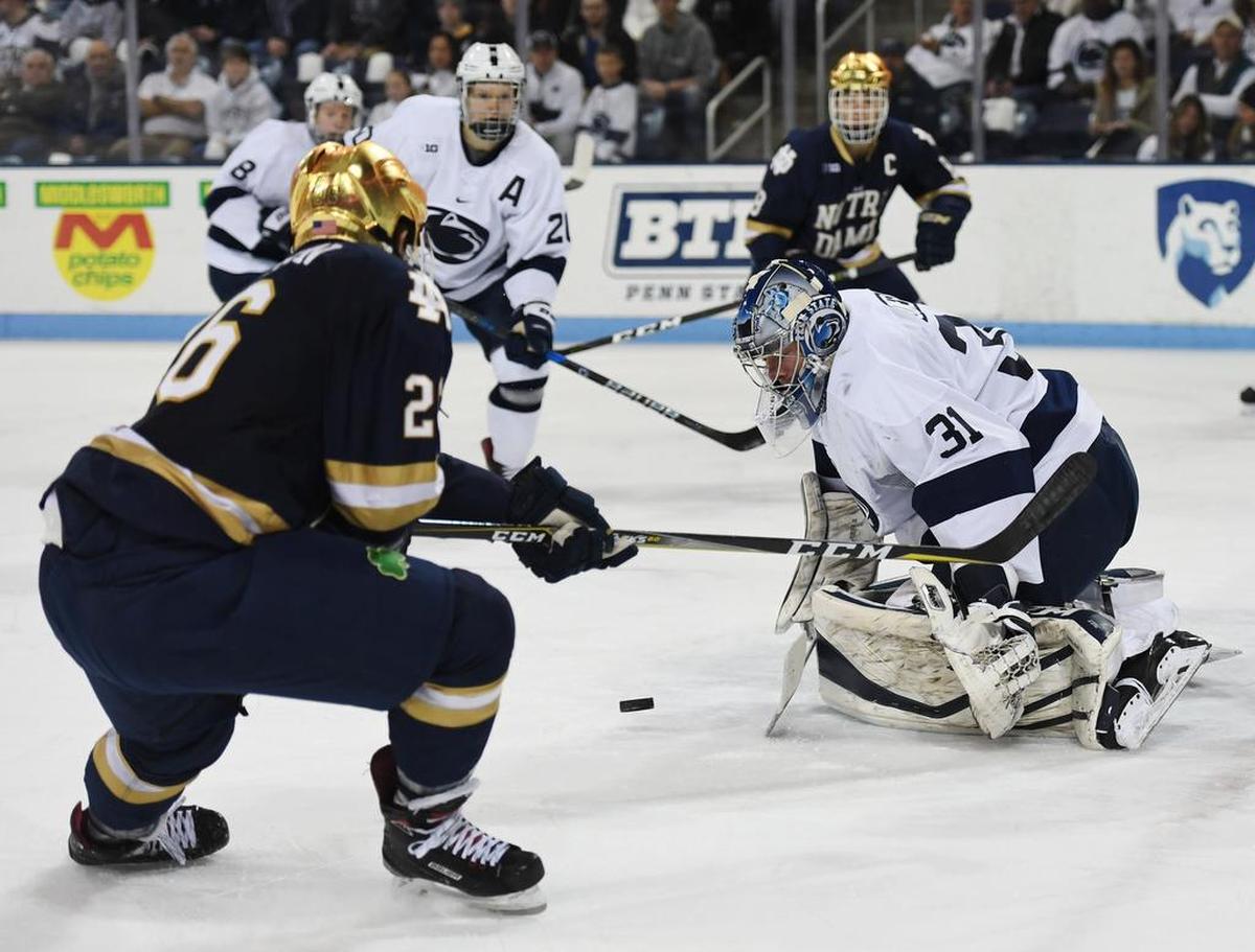 Penn State goalie Peyton Jones makes a save during a game against Notre Dame in 2018 at Pegula Ice Arena.