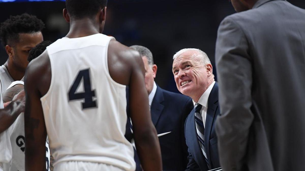 Penn State head coach Patrick Chambers talks to his team during a timeout in Monday’s overtime loss to Minnesota. The Gophers won 95-84.