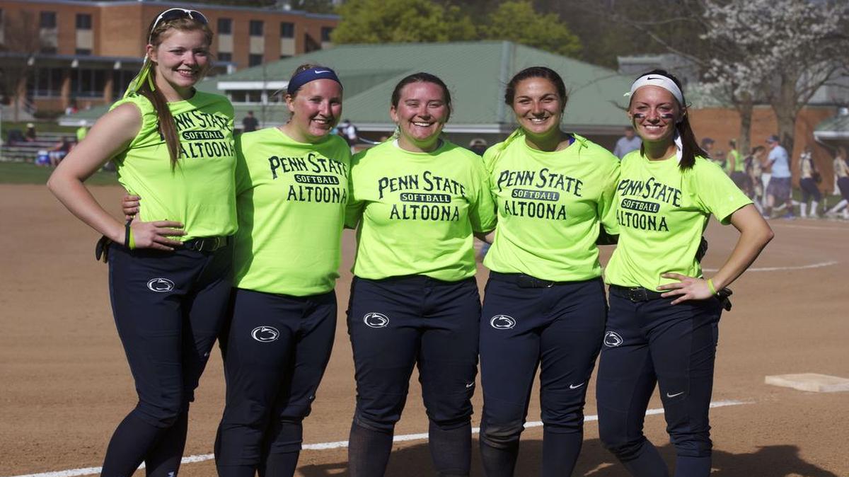 From left, Sidney Shultz, Abby Showers, Kate Burge, Allie Simpson and Haley Giedroc stand for a portrait on April 18 at Penn State-Altoona. The five used to be enemies in high school, as some came from Philipsburg-Osceola and others came from Bald Eagle Area, but now they all consider themselves family.