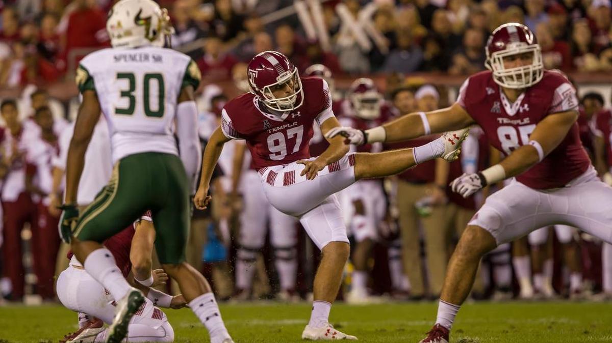 Temple freshman kicker Aaron Boumerhi (97), a Philipsburg-Osceola graduate, is 7 for 7 in field goals and 12 for 12 in point-after attempts this season.