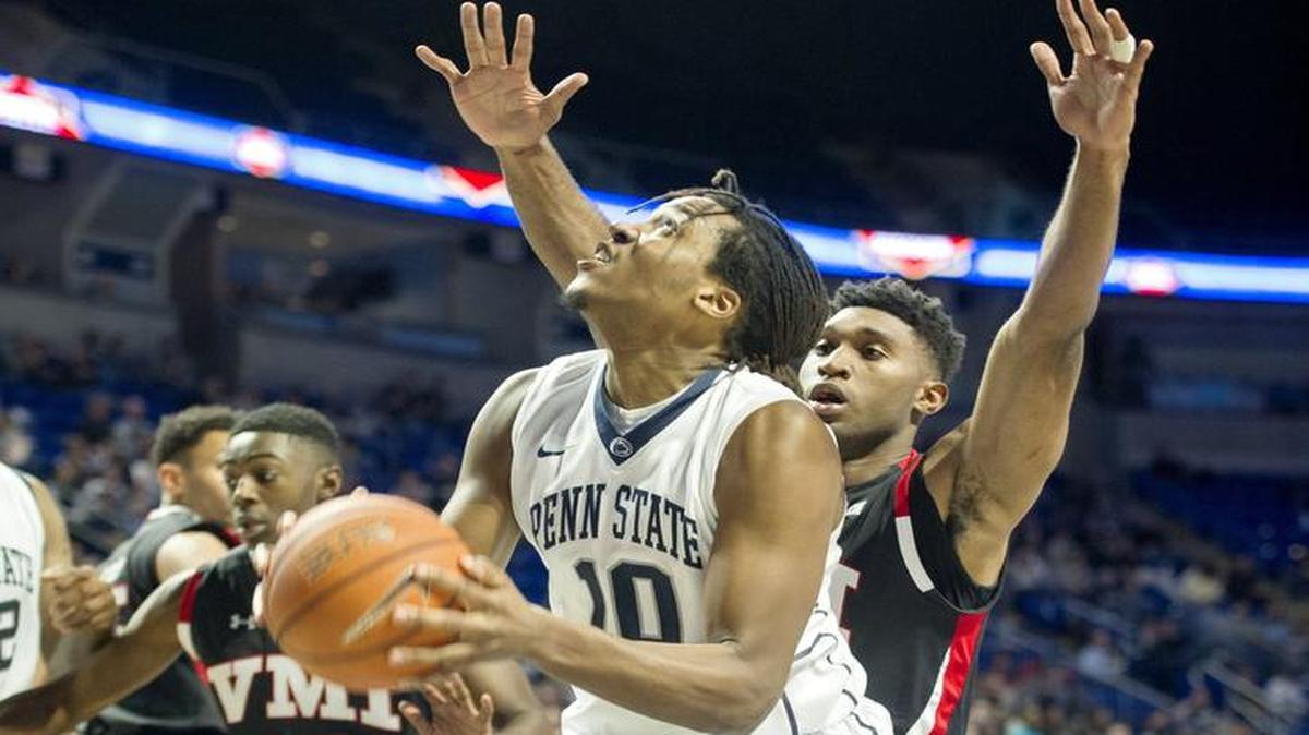 Penn State’s Brandon Taylor (10) and the rest of the Nittany Lions post players played a big role in Penn State’s win over VMI. Coach Patrick Chambers hopes they make a difference against DePaul on Tuesday.