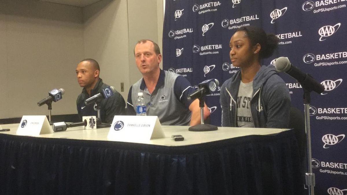 Penn State track and field coach John Gondack, center, talks about his team at Penn State Spring Sports Media Day on Monday, along with athletes Xavier Smith, left, and Dannielle Gibson.