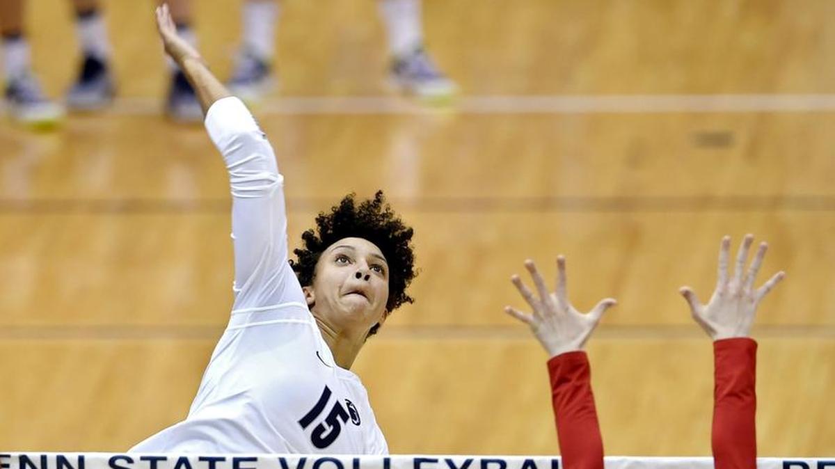 Penn State’s Haleigh Washington, seen here last season, recorded 10 kills and five blocks Friday to help lead the Nittany Lions to a comeback win over Wisconsin.
