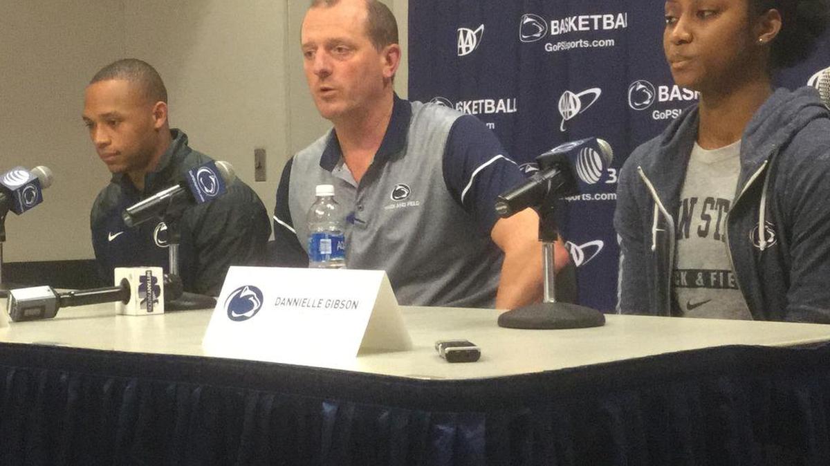 Penn State’s John Gondak, center, was named the Big Ten’s women’s indoor track and field Coach of the Year on Tuesday.