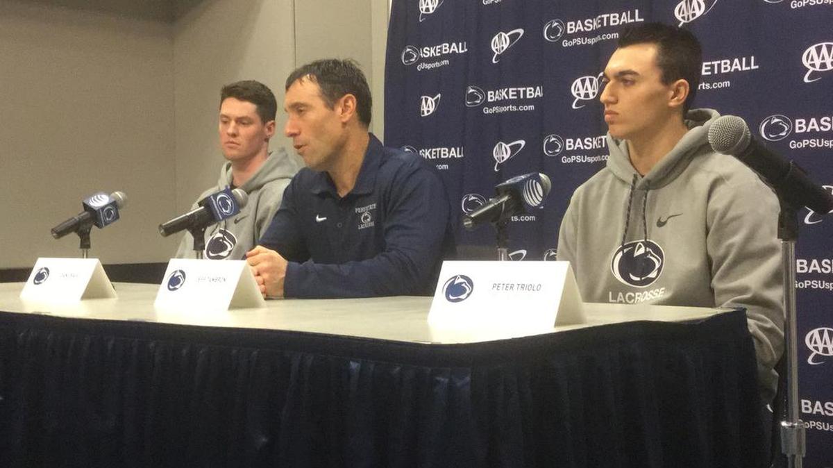 Penn State men’s lacrosse coach Jeff Tambroni, center, talks about his team at Penn State Spring Sports Media Day on Monday, along with players Dan Craig, left, and Peter Triolo.