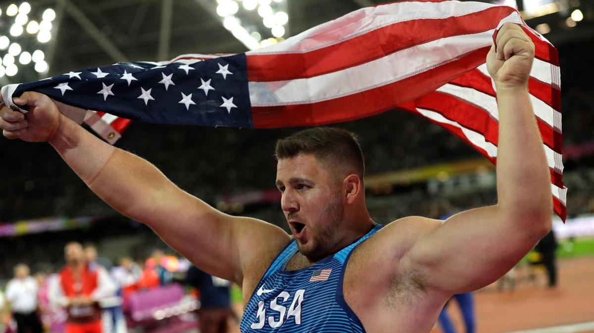 Penn State alumnus Joe Kovacs celebrates after winning the silver medal for the U.S. in the men’s shot put final during the World Athletics Championships in London on Sunday.