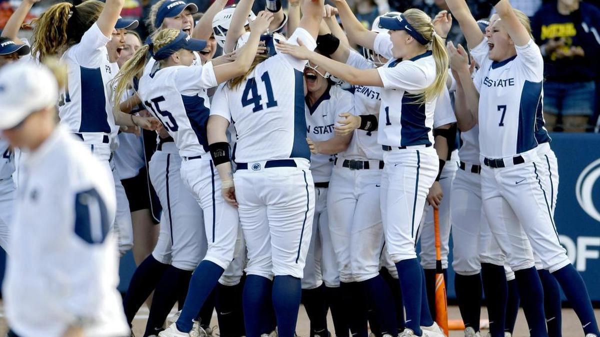 Penn State's Alyssa VanDerveer is congratulated by her teammates at home plate from her grand slam during the game against Nebraska in the Big Ten Softball tournament on Friday, May 13, 2016 at Beard Field.