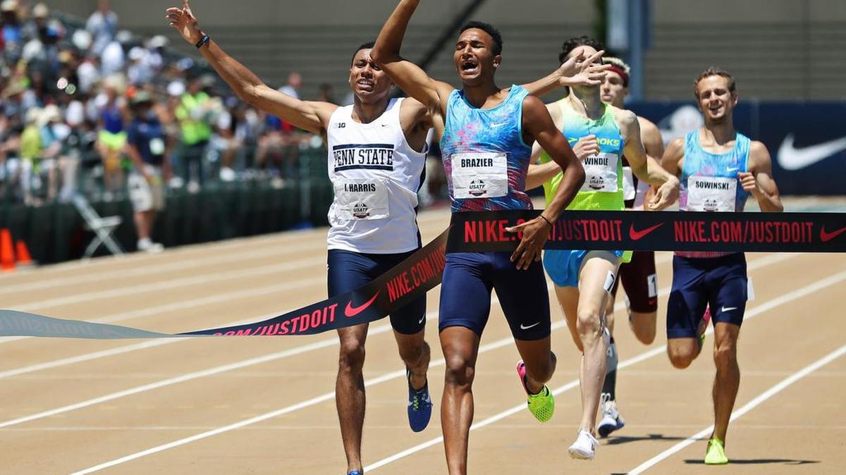 Donavan Brazier, second from left, wins the men's 800 meters ahead of Isaiah Harris, left, at the U.S. Track and Field Championships, Sunday, June 25, 2017, in Sacramento, Calif.