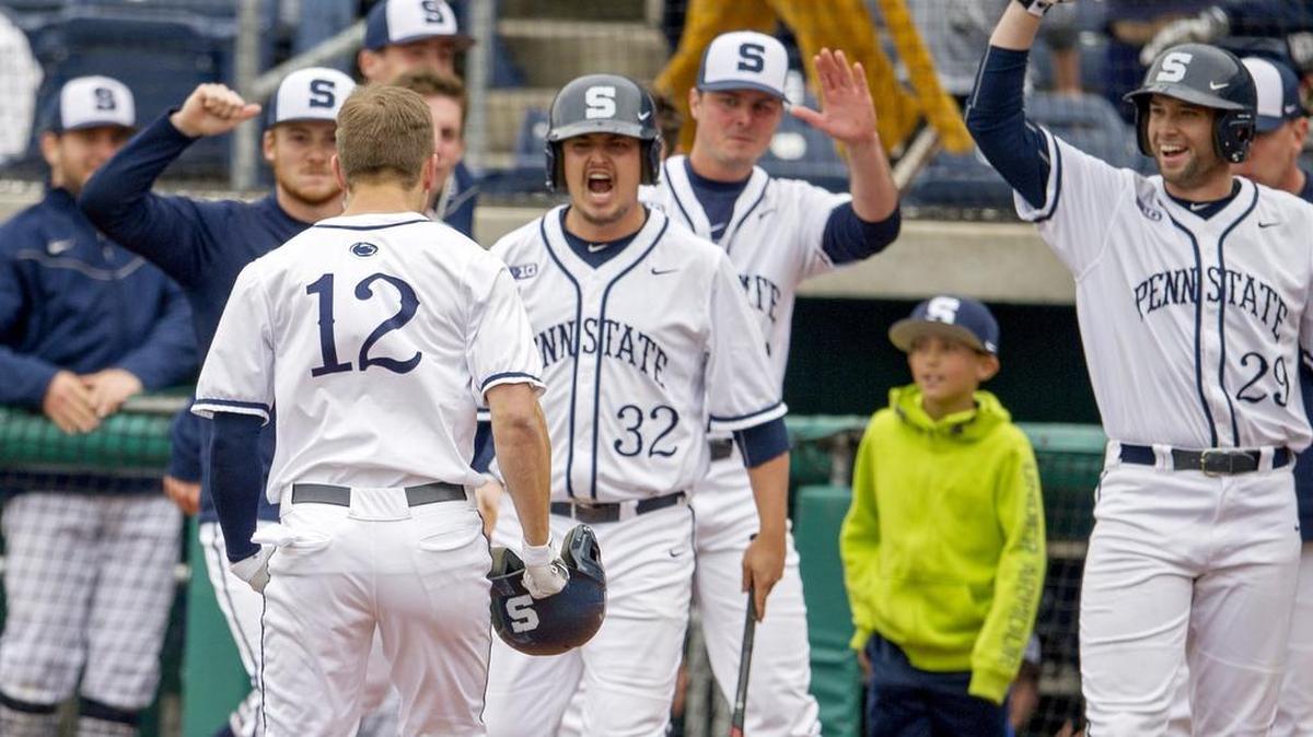Penn State's Nick Riotto is congratulated by his teammates after his first-inning home run on Saturday, April 30, 2016 against Maryland at Medlar Field at Lubrano Park. Penn State won 2-0 in the first game of a doubleheader.