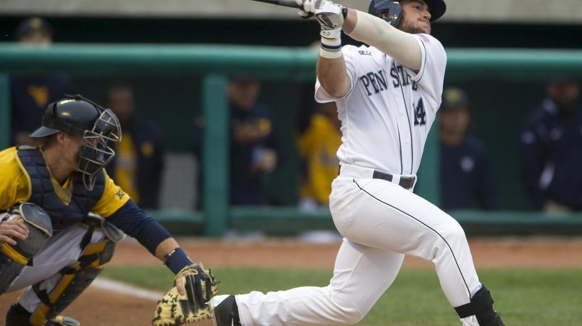 Penn State's James Coates swings at a pitch from West Virginia on Tuesday, March 22, 2016 at Medlar Field at Lubrano Park.
