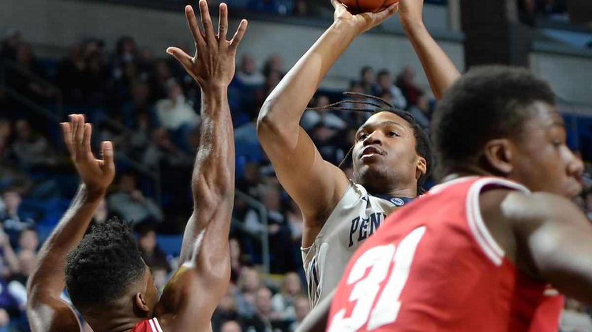 Penn State’s Brandon Taylor (10) shoots over top of Indiana’s Robert Johnson (4) during Saturday’s game against the Hoosiers at the Bryce Jordan Center. Penn State upset Indiana, 68-63.
