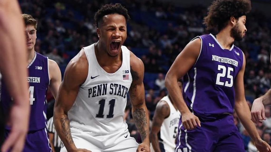 Penn State forward Lamar Stevens reacts after making a basket during a game against Northwestern Friday, Jan. 5, 2017 at the Bryce Jordan Center.