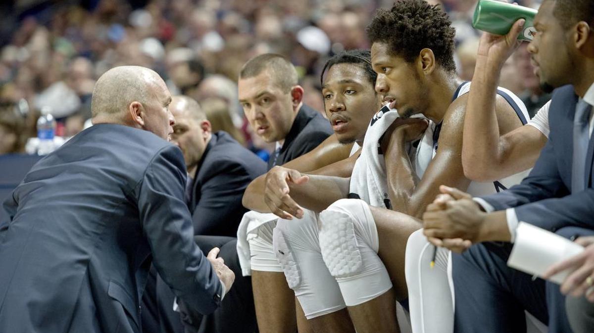 Penn State men’s baskeball coach Patrick Chambers speaks to his team last season. Chambers said he’s excited about coaching a more uptempo team next season.