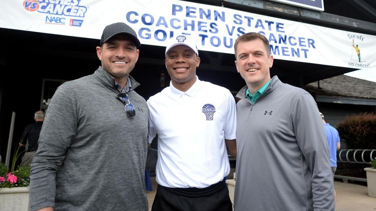 Former Penn State basketball player Jon Crispin (left) Tim Frazier (center), and Joe Crispin pose for a photo before playing in Penn State’s Coaches vs. Cancer Golf Tournament on Friday at the Penn State Blue and White golf courses.