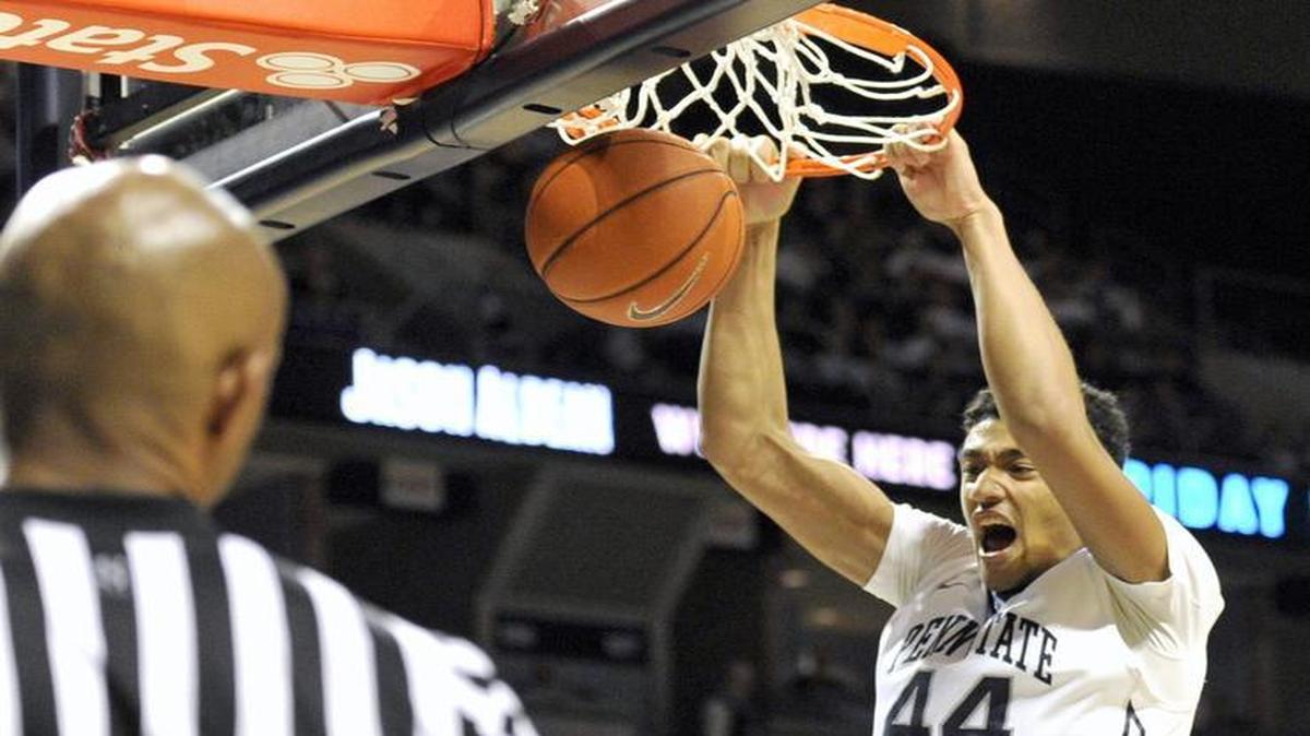 Penn State forward Julian Moore (44) dunks the ball during the first half of Michigan State’s 92-65 win over the Nittany Lions on Sunday, January 10, 2016, in State College, Pa.