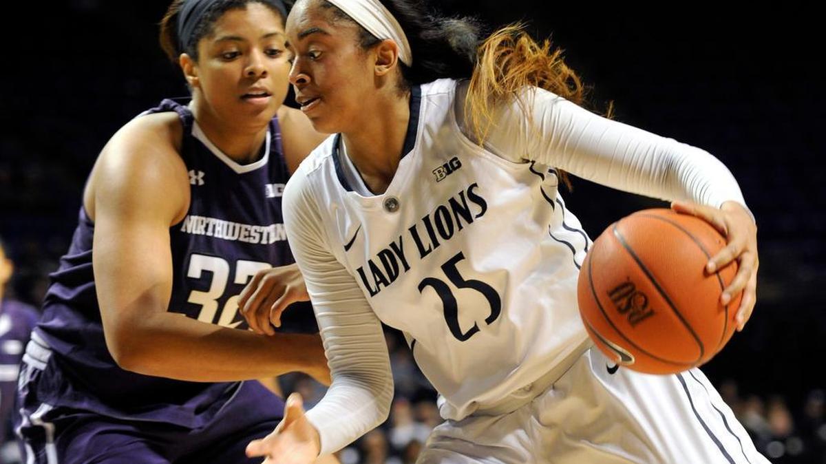 Penn State's Peyton Whitted drives past Christen Johnson. The Penn State Lady Lions basketball team played Northwestern December 31, 2015.